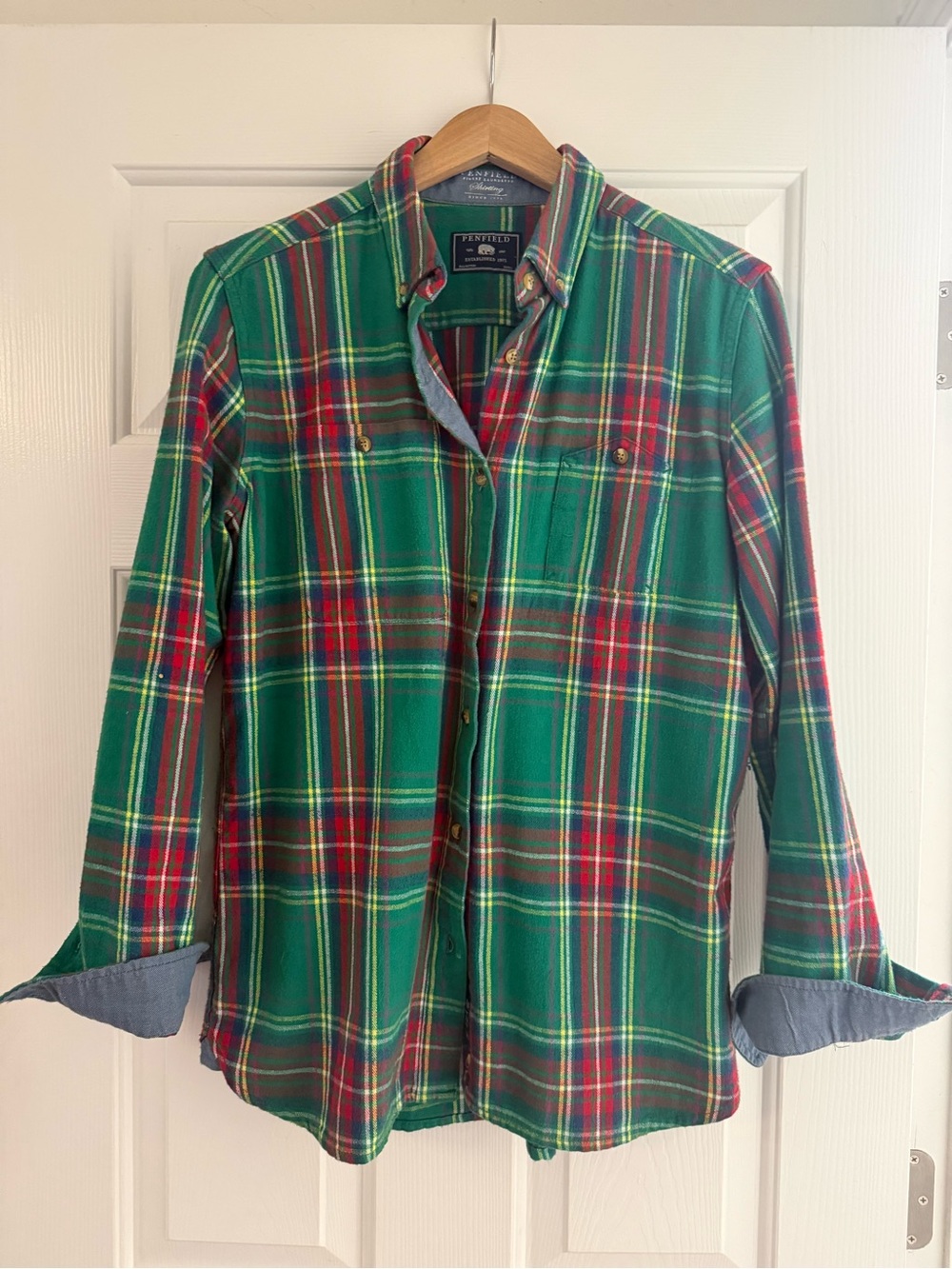 Penfield Plaid Flannel Shirt Womens L Green Red Tartan Button Down Chambray Trim